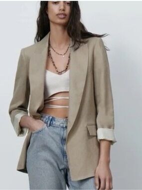 Zara Beige Linen-Blend Relaxed Blazer